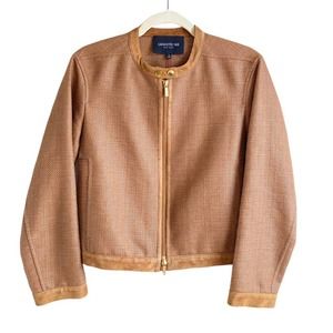 Lafayette 148 New York Tweed Suede Zip Tan Blazer Jacket Size: Small